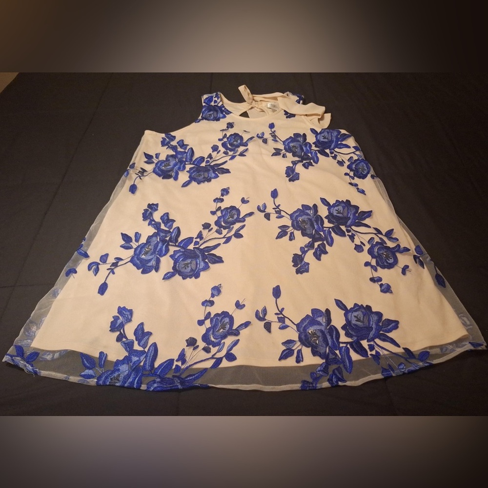 Beige By Eci Dress Womens XL Blue Embroidered Mesh Floral